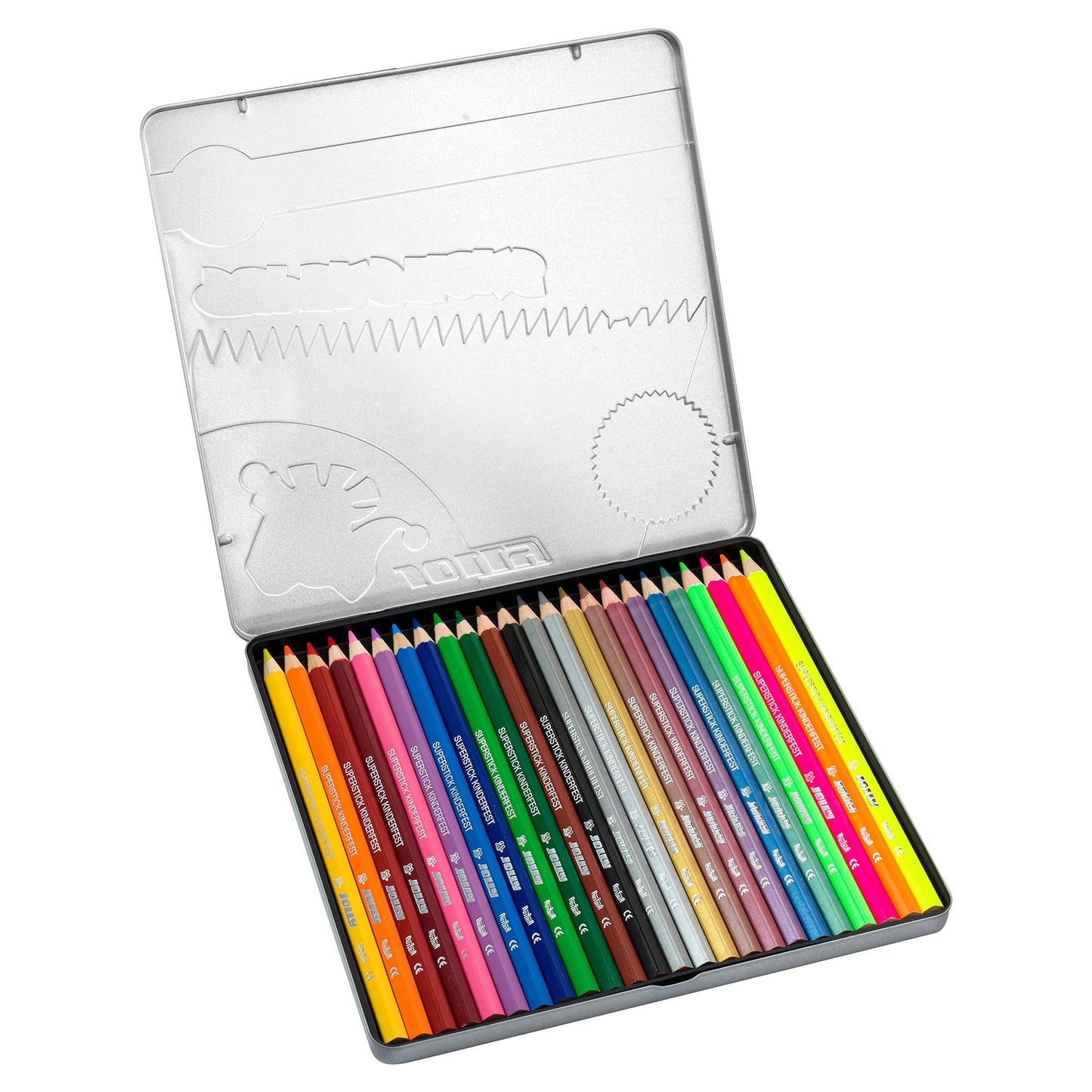 JOLLY Colored Pencil Superstick kid-proof METALLICMIX, 24-piece metal case, break-proof & non-toxic, metallic and neon colors, hexagonal shape