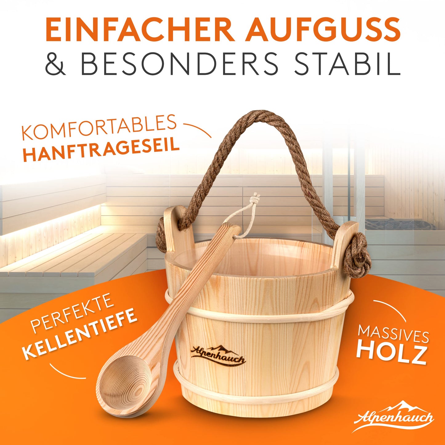 ALPENHAUCH sauna bucket with ladle [100% natural wood] - Elegant sauna bucket with ladle - Durable sauna accessory - infusion bucket set
