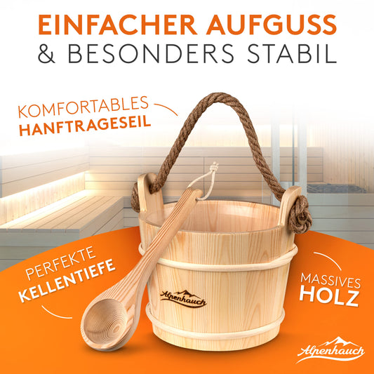 ALPENHAUCH sauna bucket with ladle [100% natural wood] - Elegant sauna bucket with ladle - Durable sauna accessory - infusion bucket set