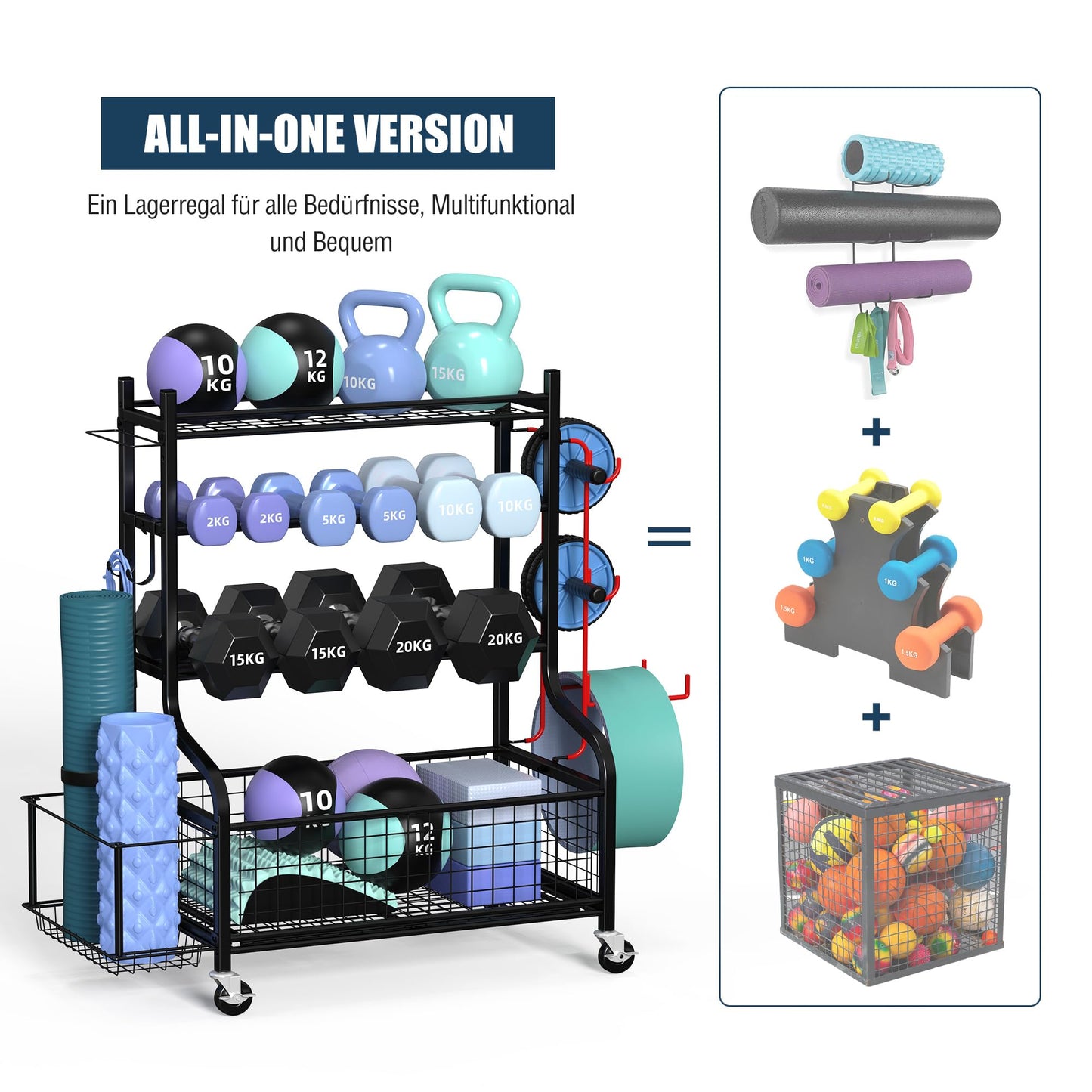 ZACHVO Dumbbell Rack, Multifunctional Stand for Dumbbells, Yoga Mat, Foam Roller, Kettlebell, and Yoga Block. Dumbbell Shelf for Home Gym with 4 Wheels and 8 Hooks.