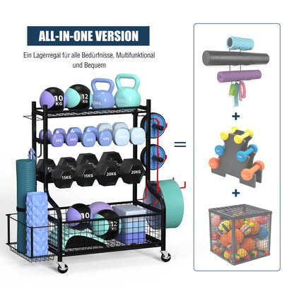 ZACHVO Dumbbell Rack, Multifunctional Stand for Dumbbells, Yoga Mat, Foam Roller, Kettlebell, and Yoga Block. Dumbbell Shelf for Home Gym with 4 Wheels and 8 Hooks.