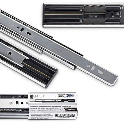Junker 2 pairs of full extension slides KV1-45-H45-L500-SC 500mm with self-closing and damping (SoftClose) telescopic rails with a 45kg load capacity.
