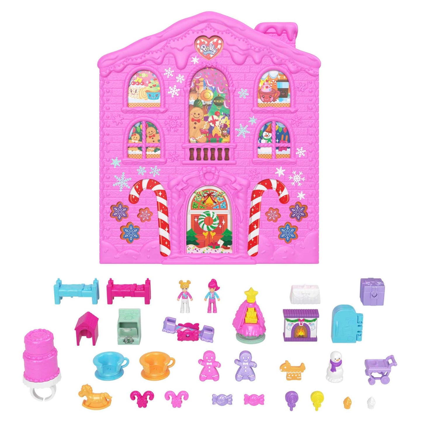 POLLY POCKET Advent Calendar House - 25 surprises, 2 dolls, 27 accessories, gingerbread house design, Christmas tree, skis, for kids ages 4 and up, HKW16