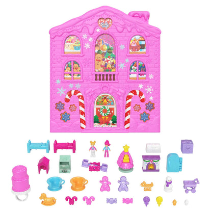 POLLY POCKET Advent Calendar House - 25 surprises, 2 dolls, 27 accessories, gingerbread house design, Christmas tree, skis, for kids ages 4 and up, HKW16