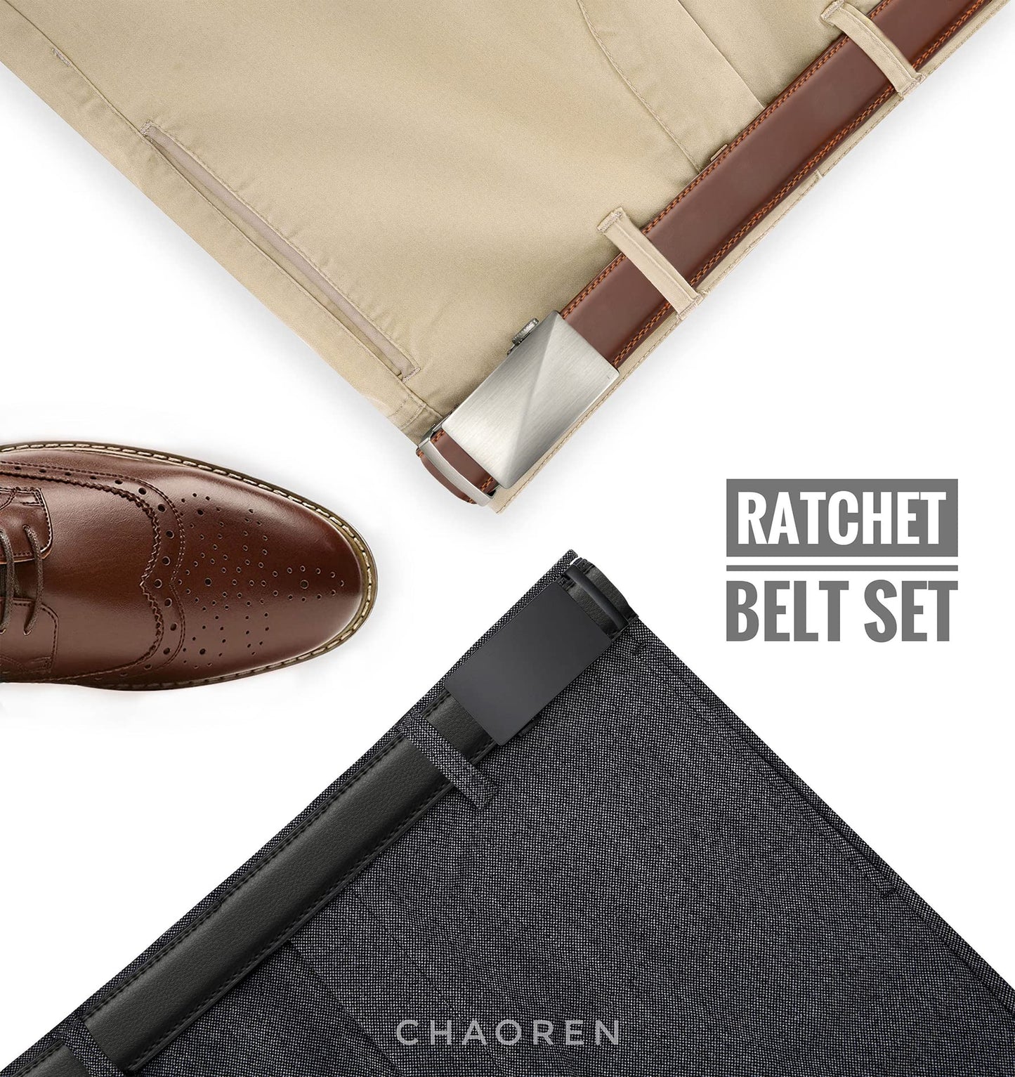 CHAOREN Automatic Belts for Men 2 Pieces, Ratchet Automatic Buckle Leather Belts for Men Adjustable 35mm Wide with Gift Box