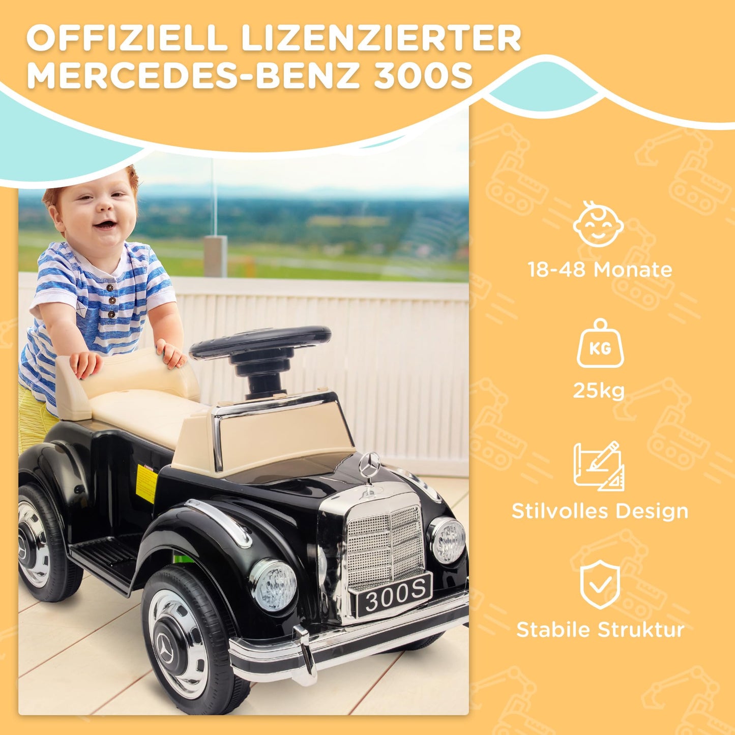 AIYAPLAY Ride-on Car, kids' vehicle with storage space and tip-over protection for 18-48 months old children, black, 77.5 x 41.5 x 45 cm.