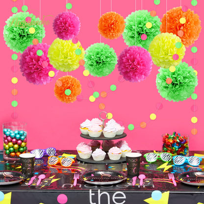 NICROLANDEE Neon Tissue Paper Pom Poms and Dots Paper Garland, Blacklight Party Decorations 15 Pieces, Party Decor for Wedding, Prom, Birthday, Garden Party.