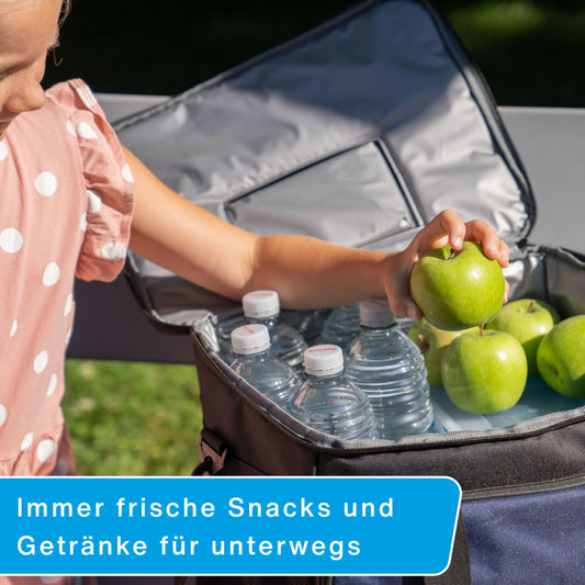 Cartrend cooler bag 30 L, with 12V car connection cable 1.50 m long, Adjustable shoulder strap, large front pocket with zipper and 2 side nets, Easy-care interior coating.