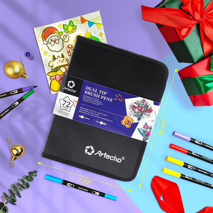 Artecho Dual Brush Pen Set 72 Colors with Black Carrying Case, Felt Tip Pens Thick and Thin, Brush Pens Set, Pens for Bullet Journal, Calligraphy, Manga, Coloring Books, and Hand Lettering.
