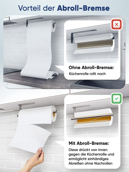 WOHNHELD® Kitchen Roll Holder without drilling | With roll brake | Extremely stable | Zewa roll holder wall self-adhesive stainless steel silver