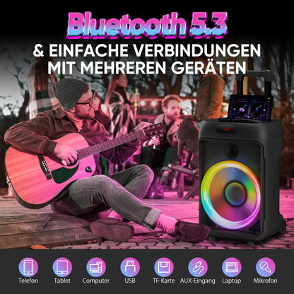Karaoke machine with 2 wireless microphones, portable Bluetooth speaker, LED lights, PA system, supports recording/FM/AUX/USB/TF.