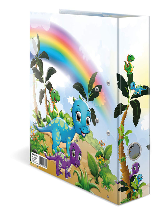 HERMA A4 Dino Set with 10 folders, 7 cm wide. Ring binder featuring kindergarten dinosaur design. Colorful file organizer with inner print for boys, girls, and kids.
