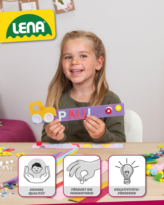 Lena 42665 - Jumbo craft kit with 800 pieces in bold colors, crafting materials like foam, colored paper, pom poms, ribbons, googly eyes, wooden sticks, and more. For ages 5 and up, in blue.