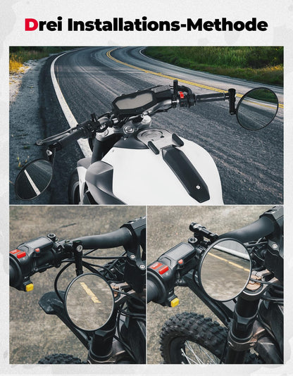 KEMIMOTO【2025 Upgraded】Motorcycle Mirrors, E24 Certified, 2 Pieces Handlebar Mirrors, with 2 Mirror Mounts, Round Handlebar End Mirrors, Compatible with Scooter, Bike, ATV, MT07, Z750, CB125R.