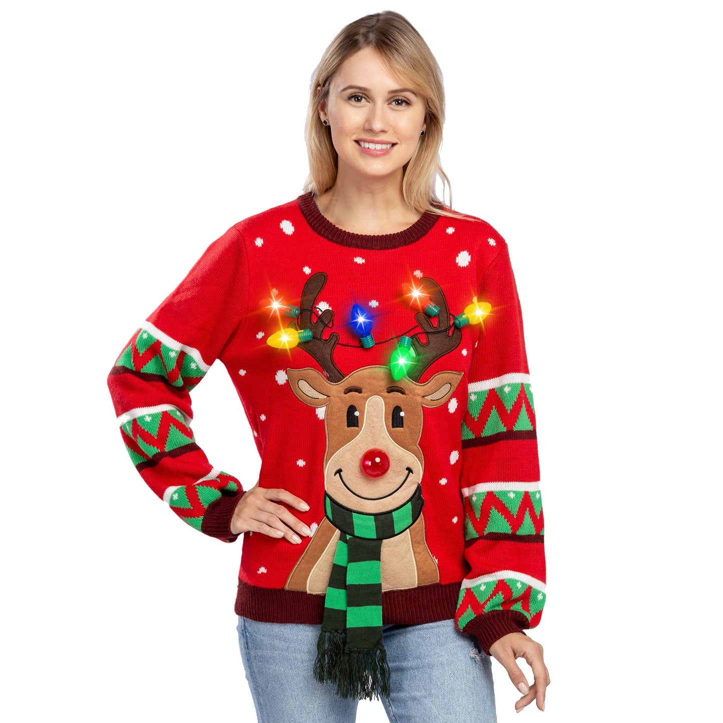 JOYIN Women's LED Light-Up Reindeer Ugly Christmas Sweater with Built-In Lights, Large.