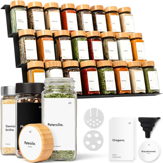 KIVY Spice Rack with Jars | incl. 24 spice jars with labels - Adjustable width - Spice organizer drawer - Spice drawer insert spice storage - Spice insert drawer