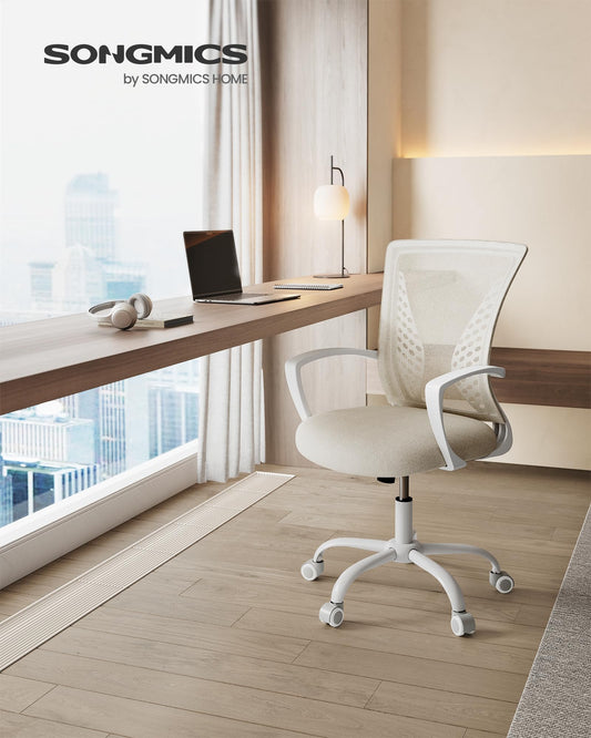 SONGMICS office chair with mesh backrest, adjustable height, swivel function, breathable fabric, suitable for office and home office, supports up to 120 kg, in cappuccino beige color OBN022K01