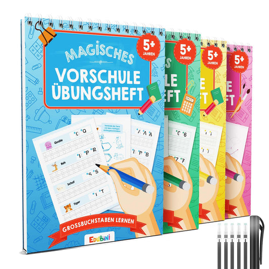 Magical Preschool Practice Books for Boys & Girls - [4 Books + Pen] - Reusable writing practice books for preschool - Learn letters, Learn writing, Learn numbers