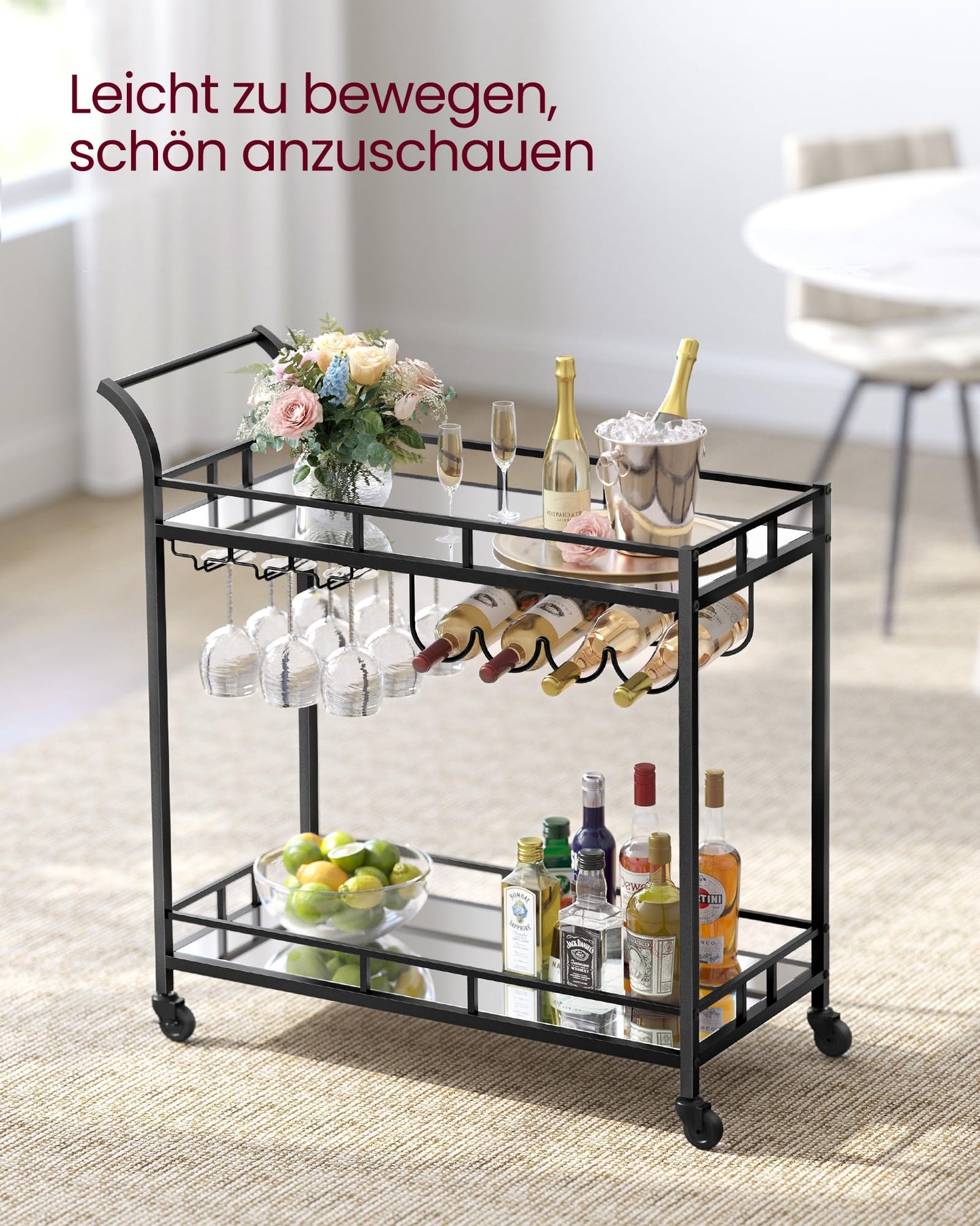 VASAGLE serving cart, rolling cart, glass holder, 2 mirrored glass shelves, bar cart, wine cart, for kitchen, dining room, bar, black LRC090B62