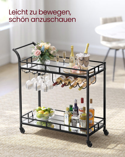 VASAGLE serving cart, rolling cart, glass holder, 2 mirrored glass shelves, bar cart, wine cart, for kitchen, dining room, bar, black LRC090B62