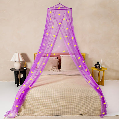Purple bed canopy with pre-glued glowing unicorns - Violet princess mosquito net for girls' room decoration - Canopy curtains for children and baby beds.