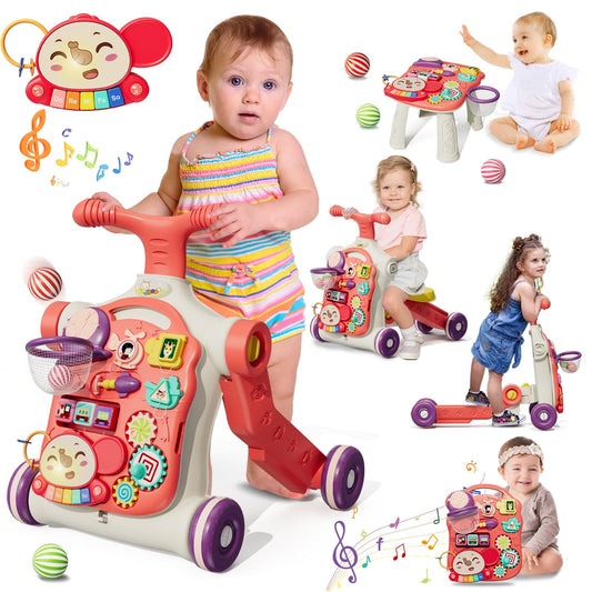 HYES 5 in 1 baby walker, baby play and walking aid with music and detachable play board, walking baby walker toy, for children aged 3-30+ months, red