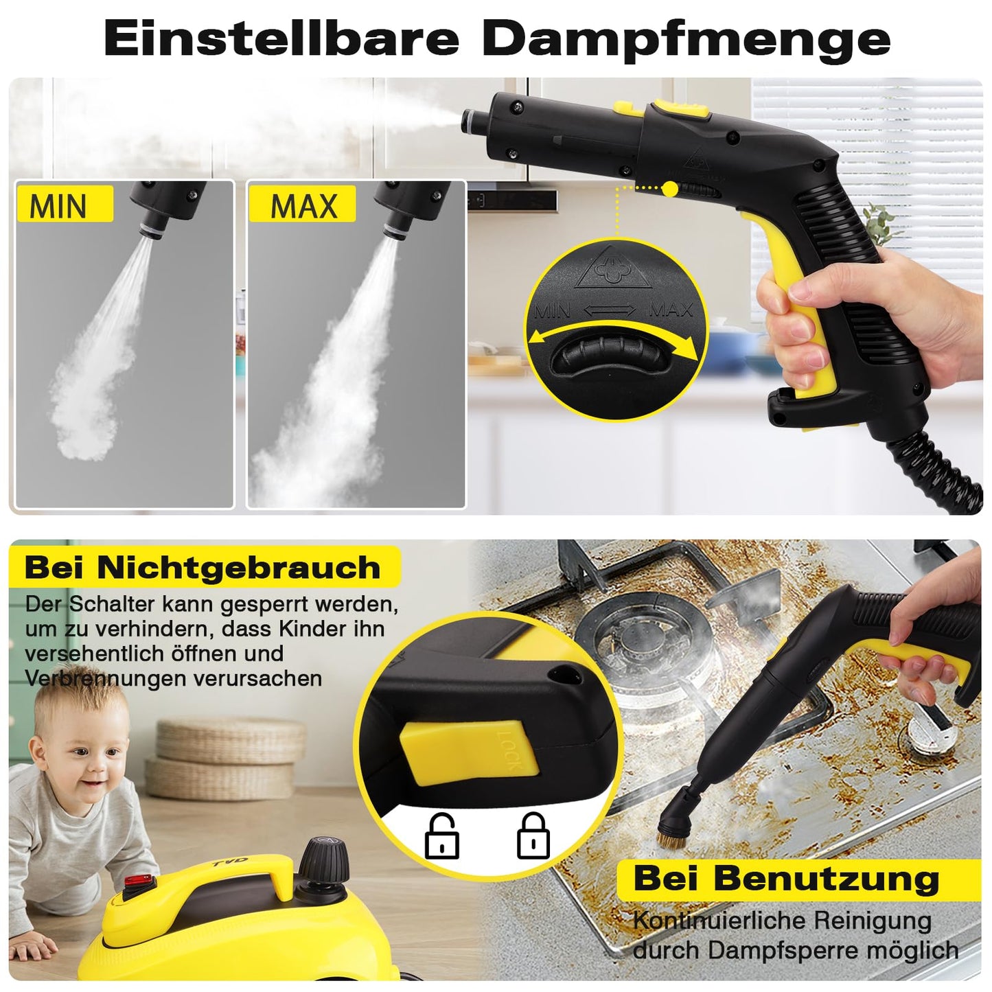 TVD Steam Cleaner, upholstery cleaning device, steam cleaner with 5m extra long power cord for floor steamers, oven, carpet, sofa, upholstery, bed bugs (deep yellow)