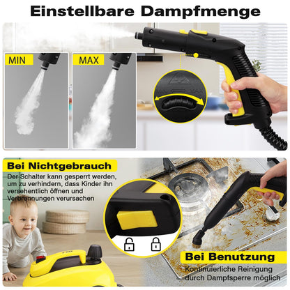 TVD Steam Cleaner, upholstery cleaning device, steam cleaner with 5m extra long power cord for floor steamers, oven, carpet, sofa, upholstery, bed bugs (deep yellow)