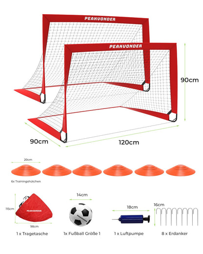 PEAKVONDER Soccer Goals for Yard Kids Pop-Up 2-Pack Soccer Goal Foldable with Fiberglass Poles & Premium Nets for Indoor, Outdoor | With Carrying Bag Soccer Cones Ball Pump Ground Anchors