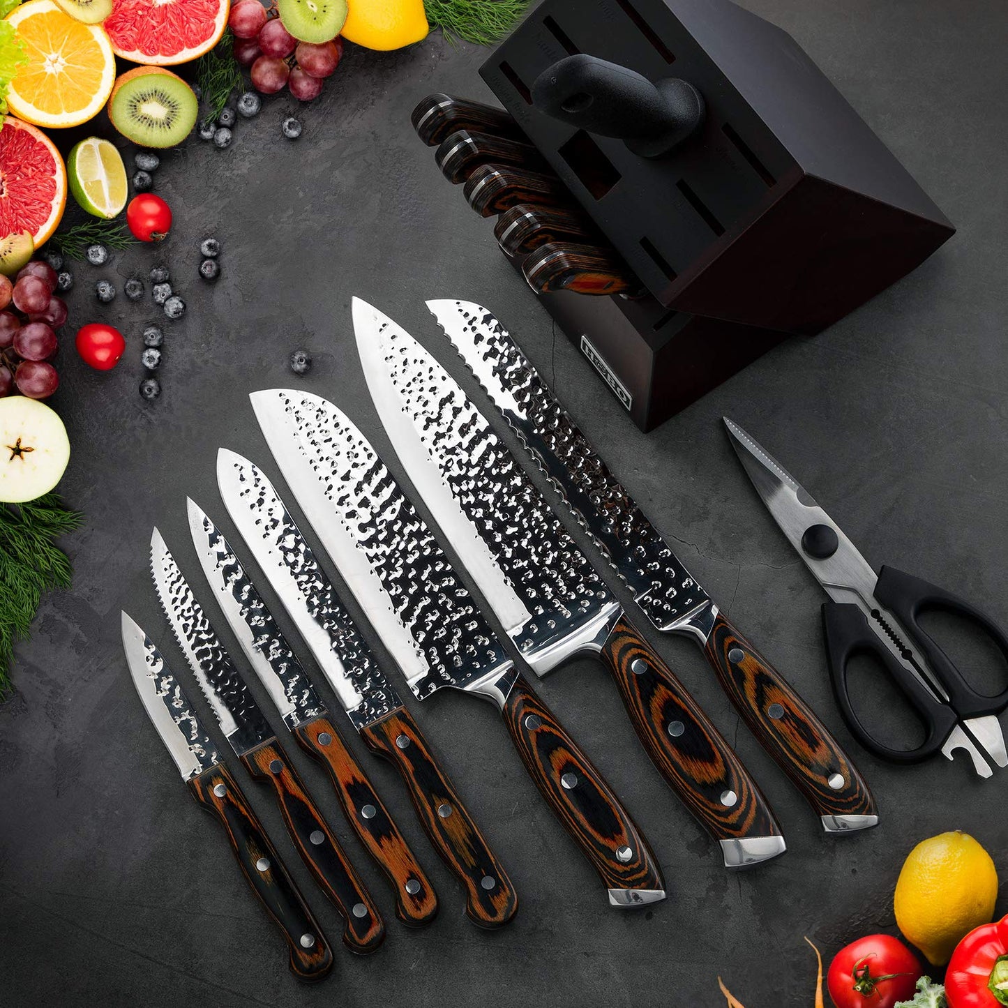 HOBO knife set, 15-piece knife block set, kitchen knife set with Santoku knife, chef's knife, bread knife, paring knife, steak knife, sharpener, Japanese stainless steel blades, water ripple texture, colored wooden handle.