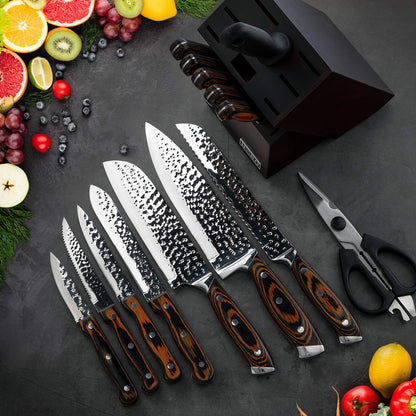 HOBO knife set, 15-piece knife block set, kitchen knife set with Santoku knife, chef's knife, bread knife, paring knife, steak knife, sharpener, Japanese stainless steel blades, water ripple texture, colored wooden handle.