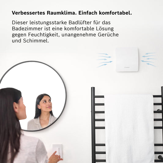 Bosch bathroom fan 1500 DH W 100 - For ventilation in bathroom and toilet, combating moisture and mold - With hygrostat and timer - 100 mm diameter
