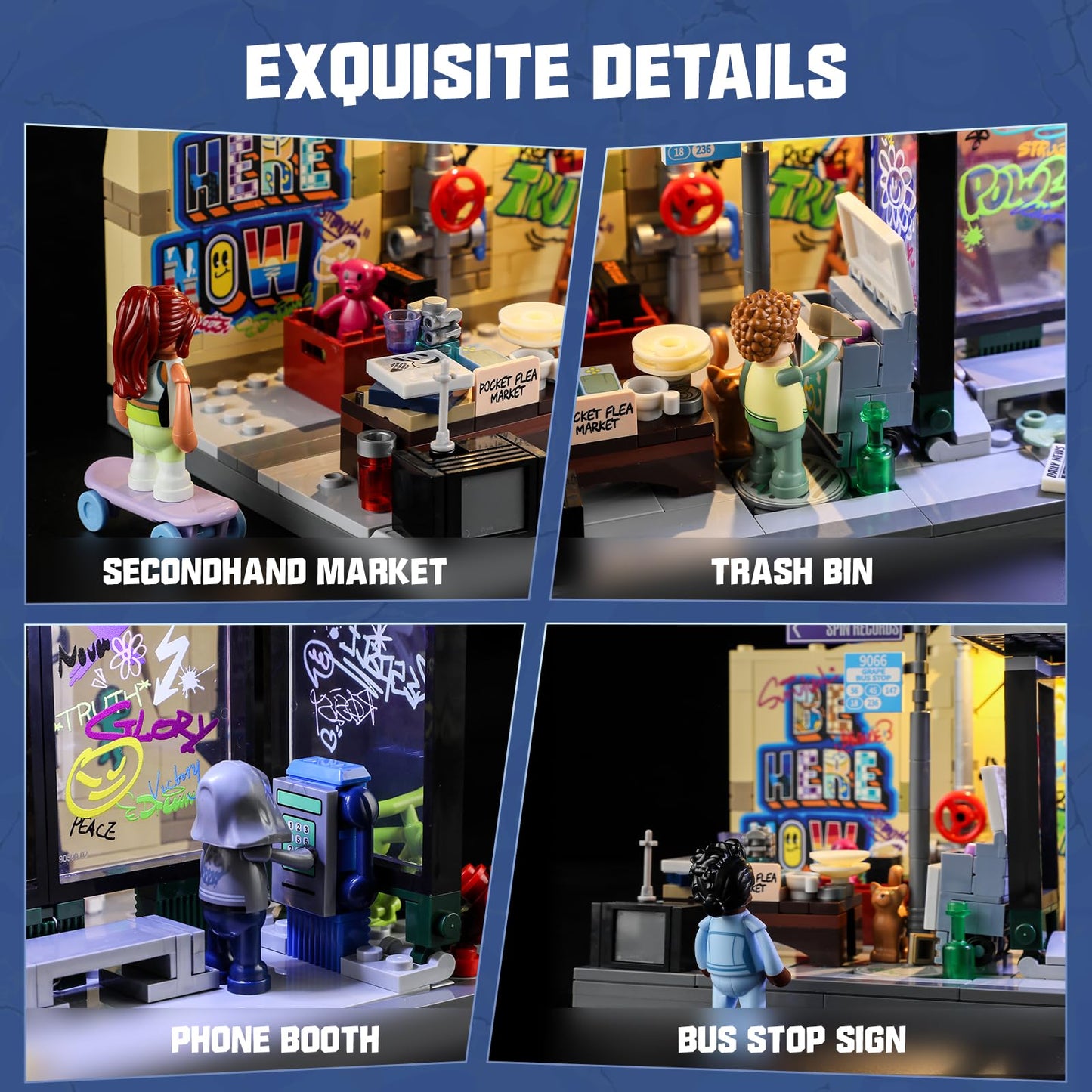 FUNWHOLE Graffiti Bus Stop Building Blocks Lighting Decoration, Modular Building Street Fusion City Town Bus Station, 516Pcs, Suitable for Adults and Street Style Enthusiasts, F9066.