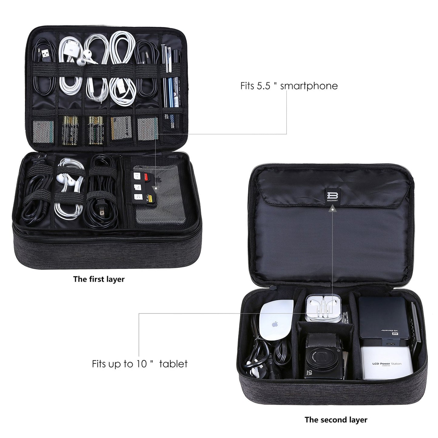 Bagsmart Electronics Bag, Double Layer Electronics Travel Organizer for Cables, Charger, iPad, iPad Air, Tablet up to 10.5 inches, Adapter, Mouse, SD Cards (Anthracite)