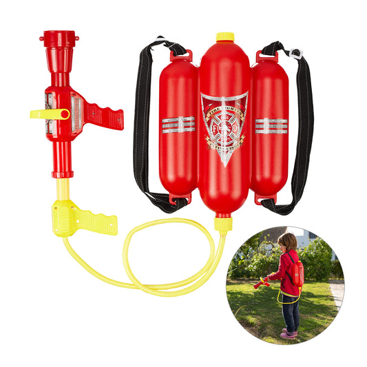 Relaxdays 10 x Firefighter Water Pistol, 2.5 l Water Tank, 5 m Range, 2 Spray Functions, Firefighting Backpack for Kids, Red-Yellow