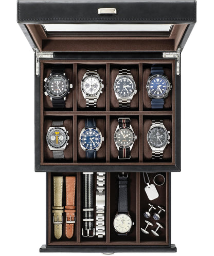 TAWBURY watch box for men up to 8 watches - black watch and jewelry storage box with drawer for men | Faux leather watch storage case | Luxury watch box for men | Watch holder