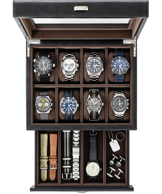 TAWBURY watch box for men up to 8 watches - black watch and jewelry storage box with drawer for men | Faux leather watch storage case | Luxury watch box for men | Watch holder