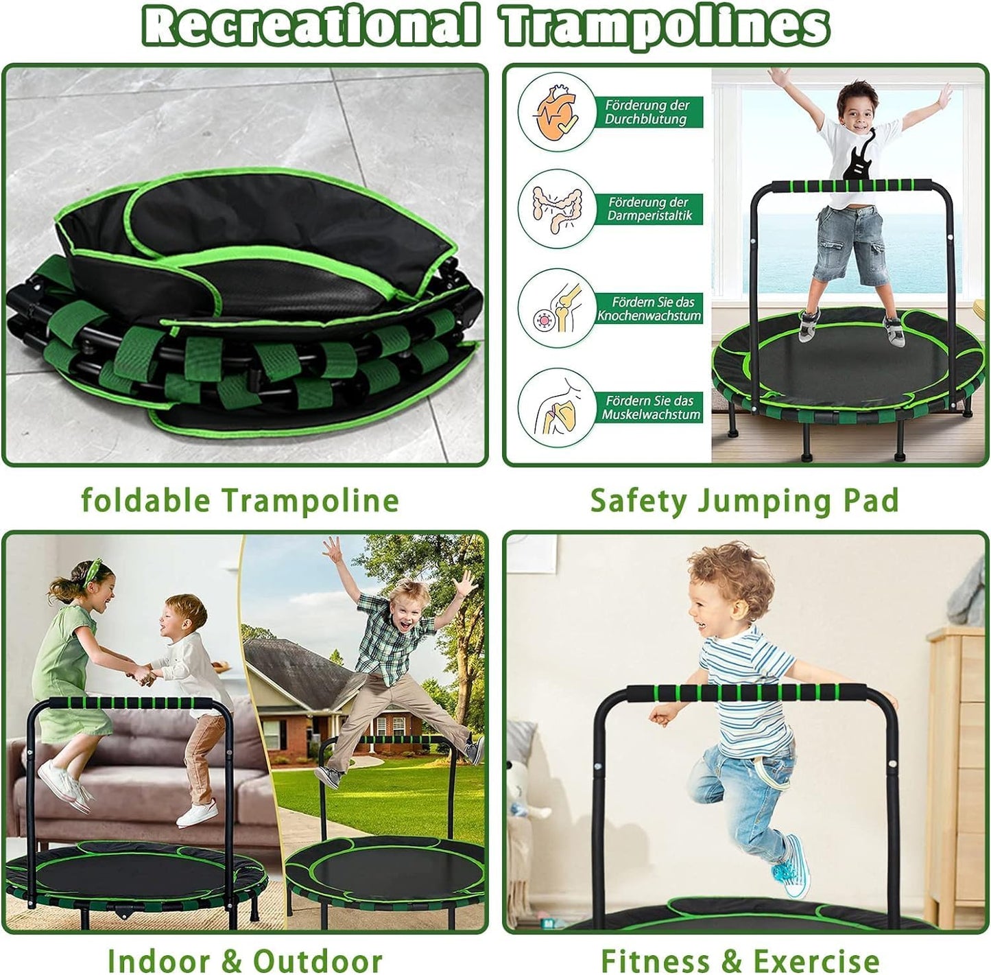 Trampoline Kids Indoor Outdoor Ø91cm, Mini Trampoline Jumping Fitness Trampoline Foldable Garden Trampoline with Handle and Safety Padding, Kids Trampoline for Boys Girls aged 3 years and up (Green)