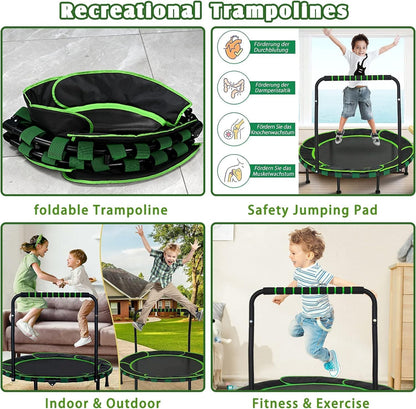 Trampoline Kids Indoor Outdoor Ø91cm, Mini Trampoline Jumping Fitness Trampoline Foldable Garden Trampoline with Handle and Safety Padding, Kids Trampoline for Boys Girls aged 3 years and up (Green)
