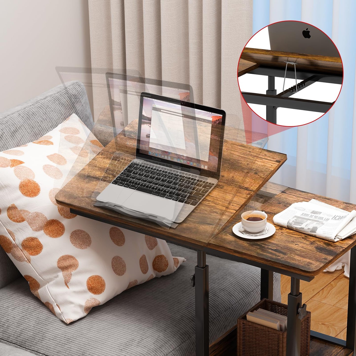 PIPIPOXER side table computer desk with socket and casters, height adjustable wooden desk with 80x40cm tabletop and 4 swivel 360° wheels for computer, laptop, bedroom.