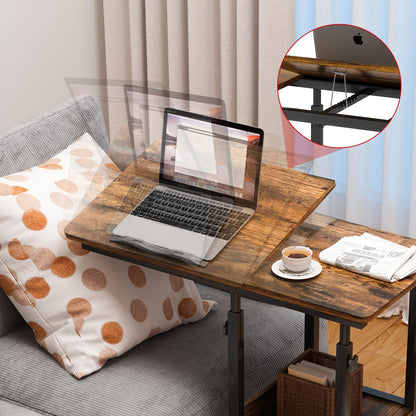 PIPIPOXER side table computer desk with socket and casters, height adjustable wooden desk with 80x40cm tabletop and 4 swivel 360° wheels for computer, laptop, bedroom.