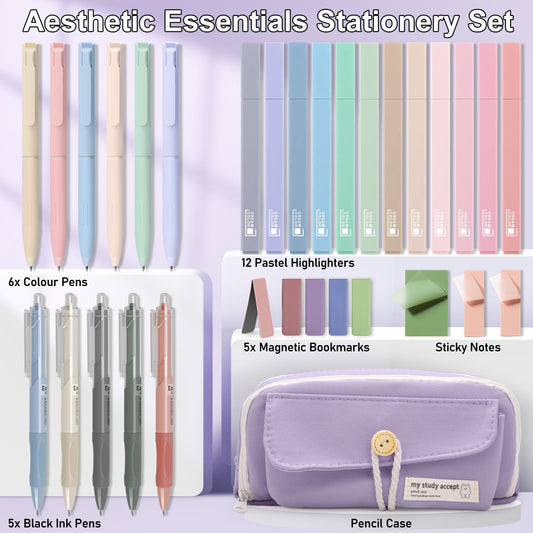 COZCLAM 32pcs School Supplies Aesthetic with Purple Pencil Case, 12 Pastel Highlighters, 5 Black Gel Pens, 6 Color Pencils, 5 Bookmarks, and Sticky Notes, Aesthetic School Stuff Clean Girl School Accessories