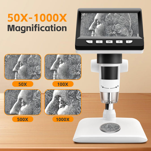 GlobalCrown Microscope for kids/adults, digital microscope with 4.3 inch screen, 1000X magnification and 8 adjustable LED lights, compatible with Windows/Mac.