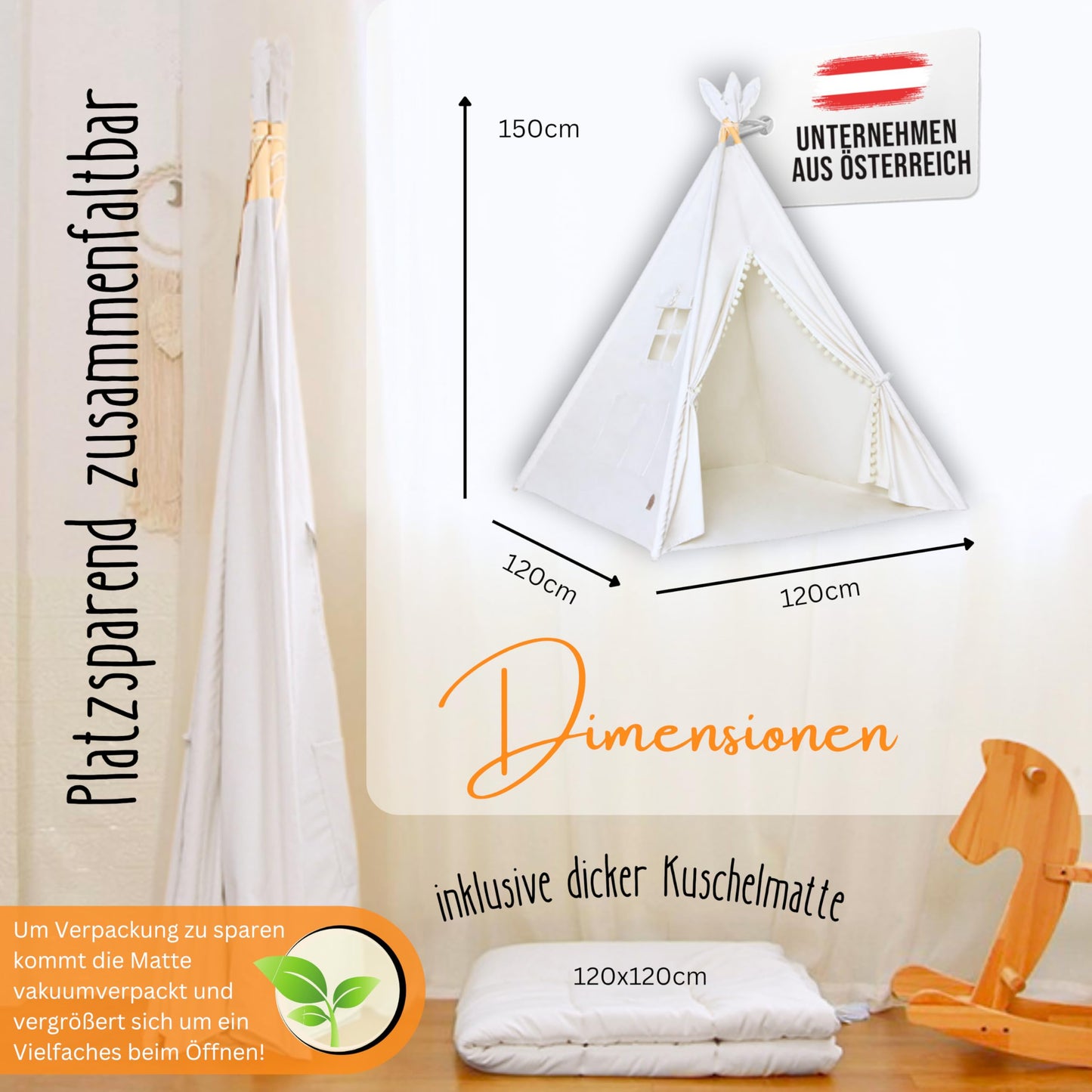 LIONHERZ® THE ORIGINAL Teepee Tent for Kids made of 100% cotton with mat, stabilizer, feather decoration & bag [Stable] Play tent in children's room | Indoor children's tent | Play cave Teepee tent (Pure White)