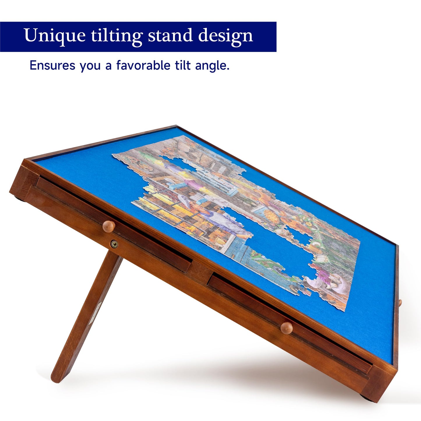 Tektalk puzzle table with foldable legs & tiltable stand, puzzle board with PP cover & 6 colorful drawers, suitable for 1500, 1000, 500 puzzle pieces.