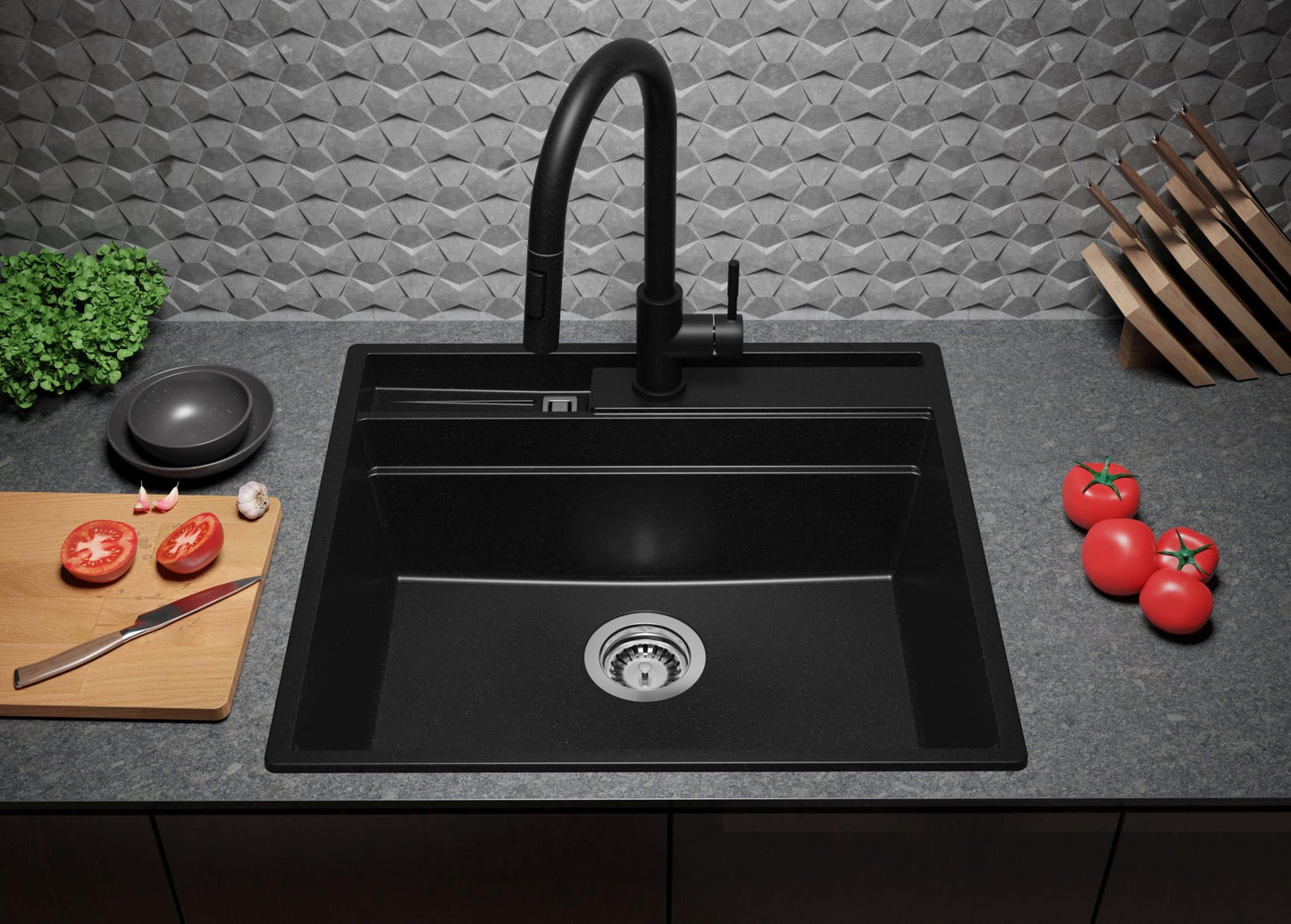 PRIMAGRAN Granite Sink All Black 58x53cm, Granite Sink 1 Bowl + Drain Set + Kitchen Accessory Set, Kitchen Sink for 60cm Base Unit - Oslo Pocket S153