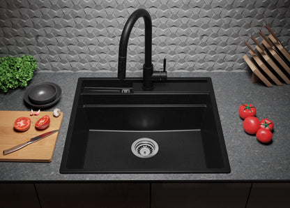 PRIMAGRAN Granite Sink All Black 58x53cm, Granite Sink 1 Bowl + Drain Set + Kitchen Accessory Set, Kitchen Sink for 60cm Base Unit - Oslo Pocket S153
