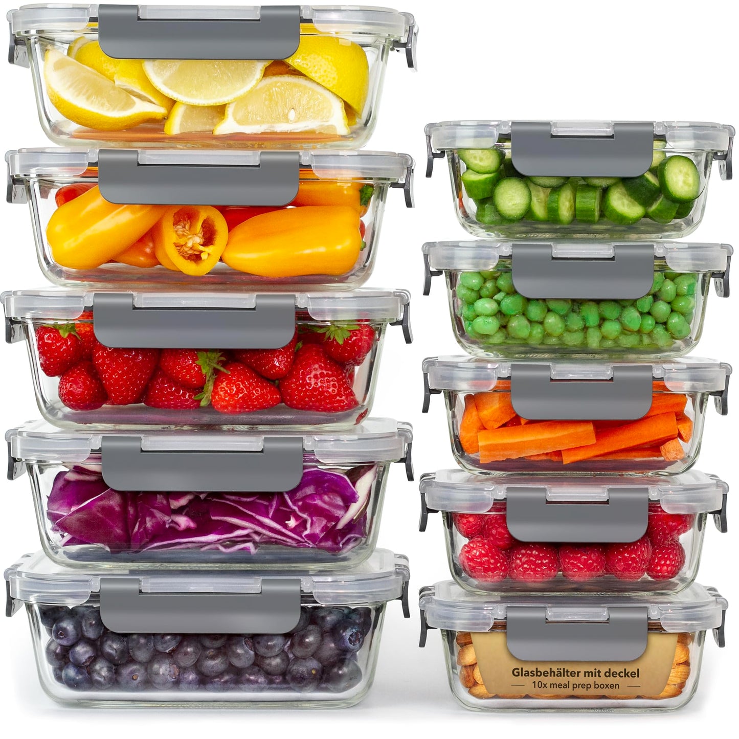 GOOD FOR YOU - Meal prep boxes & glass food storage containers set - 20 pieces (10 containers & 10 lids), dishwasher, microwave & freezer safe, BPA-free, borosilicate glass containers.