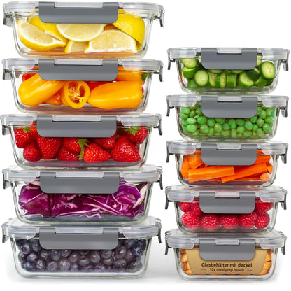 GOOD FOR YOU - Meal prep boxes & glass food storage containers set - 20 pieces (10 containers & 10 lids), dishwasher, microwave & freezer safe, BPA-free, borosilicate glass containers.