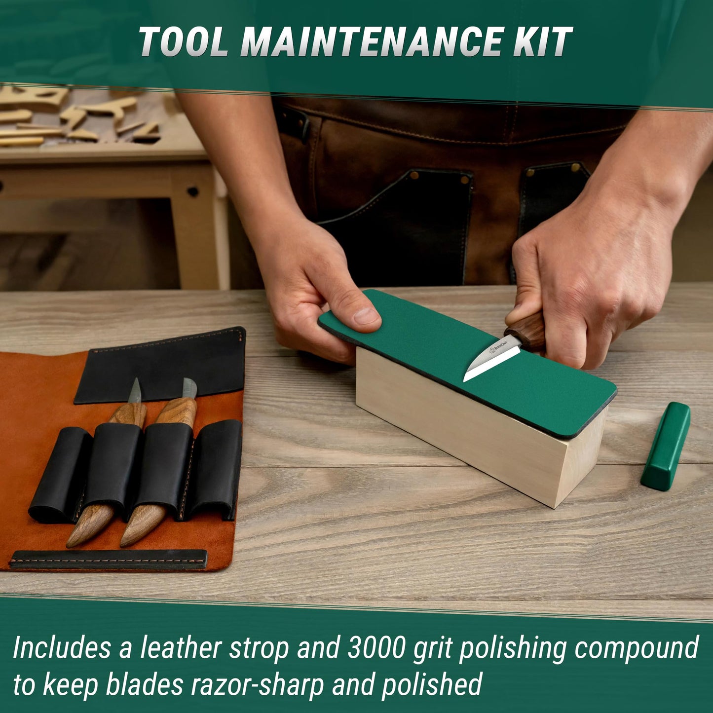 BeaverCraft Wood Carving Set Deluxe Carving Knife Set S15X - Wood Carving Tools and Leather Strop for Sharpening with Polishing Compound - Carving Knives, Gouges, Chisels.